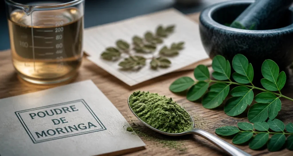 Bienfaits des feuilles de moringa : poudre verte et feuilles fraîches sur table