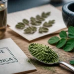 Bienfaits des feuilles de moringa : poudre verte et feuilles fraîches sur table