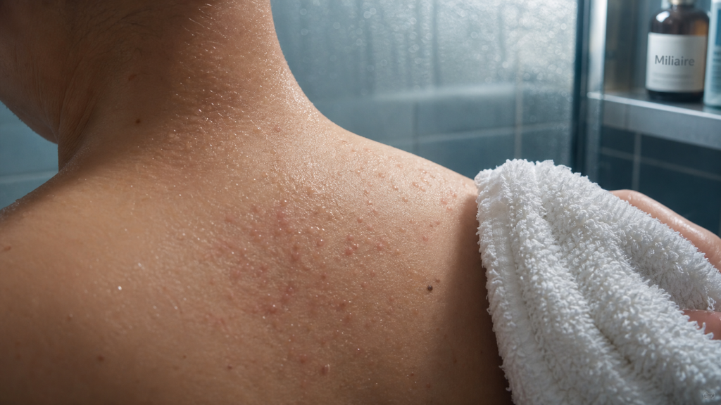 Boutons de chaleur adultes : papules rouges et vésicules apaisées par eau tiède