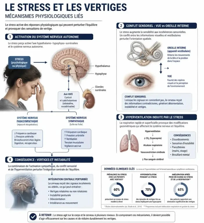 Infographie expliquant le lien entre stress et vertige et les mécanismes physiologiques associés