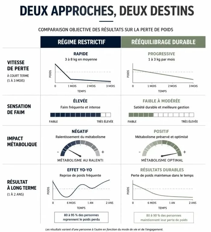 Infographie comparative entre régime restrictif et rééquilibrage durable pour une perte de poids saine avant et après un régime