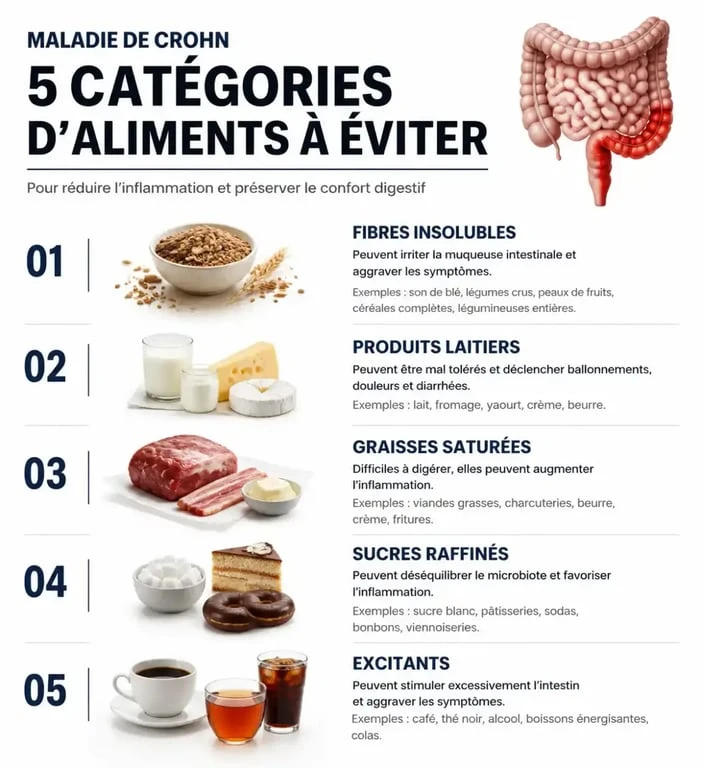 Infographie des 5 catégories d'aliments à éviter en cas de maladie de Crohn