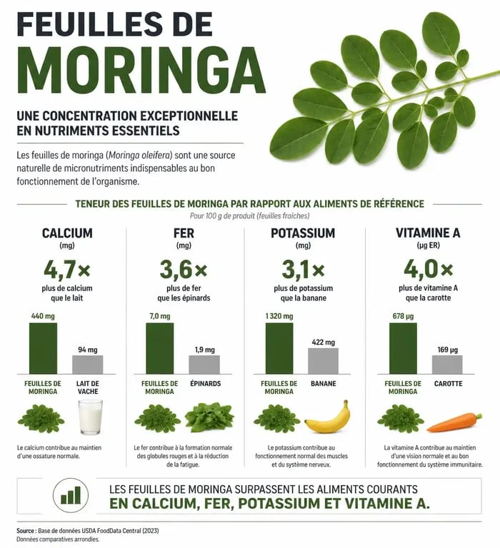 Infographie sur les bienfaits nutritionnels des feuilles de moringa : comparaison des apports en calcium, fer, potassium et vitamines