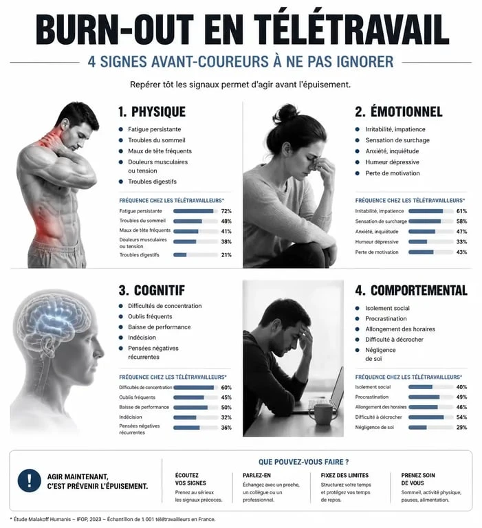 Infographie des signes avant-coureurs du burn-out en télétravail : symptômes physiques, émotionnels, cognitifs et comportementaux.