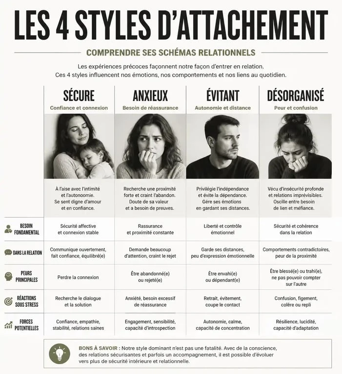 Schéma comparatif des styles d'attachement incluant l'attachement désorganisé dans le couple