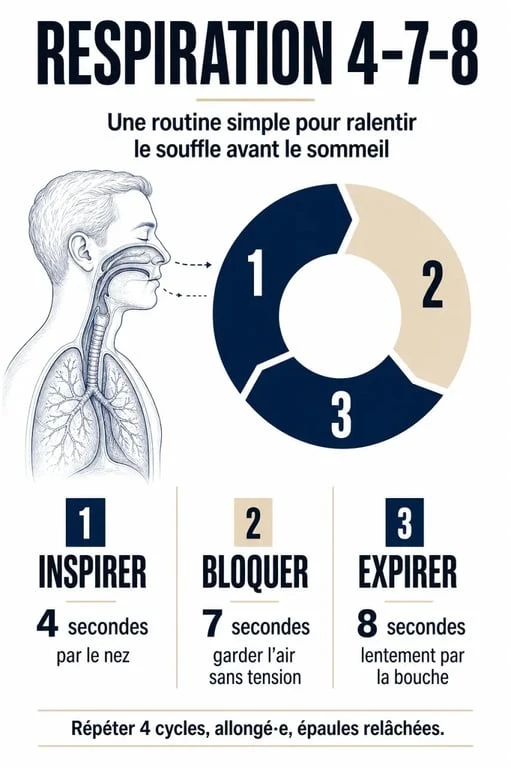 Infographie de la technique de respiration 4-7-8 pour savoir comment faire pour dormir quand on y arrive pas