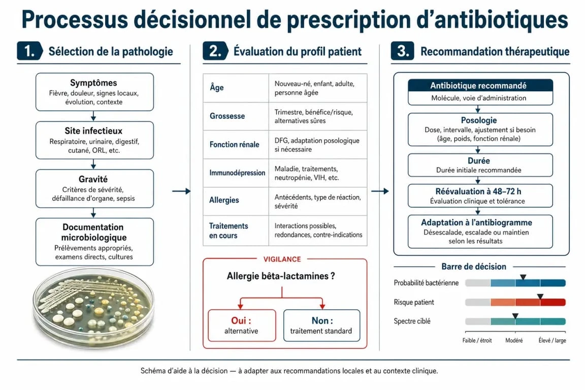 Infographie du processus de décision thérapeutique avec Antibioclic pour une prescription d'antibiotiques sécurisée