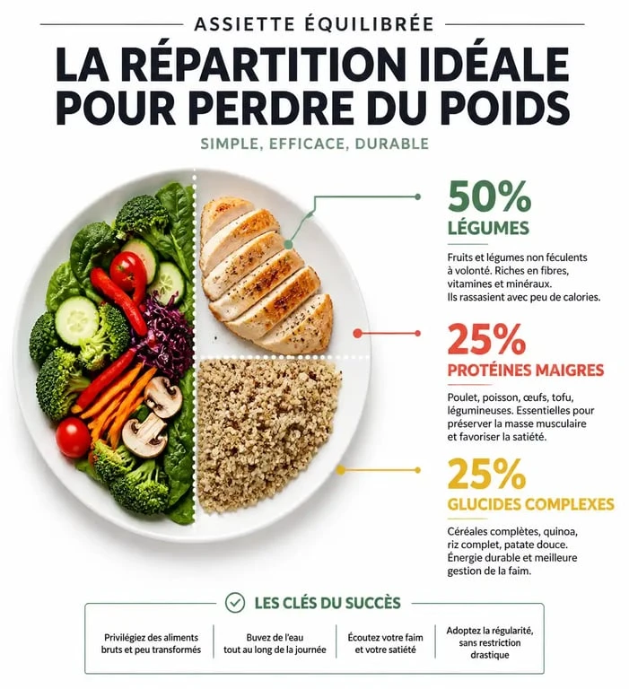 Infographie montrant la répartition idéale d'une assiette pour un plan alimentaire pour perte de poids