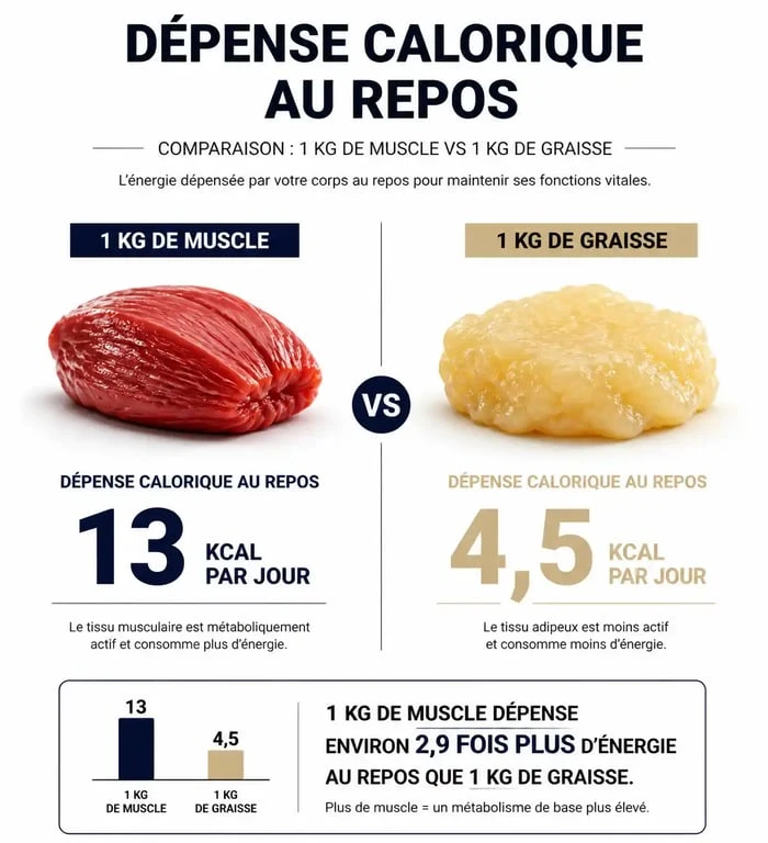 Infographie comparant la dépense calorique au repos entre le muscle et la graisse pour comprendre le lien entre métabolisme et musculation