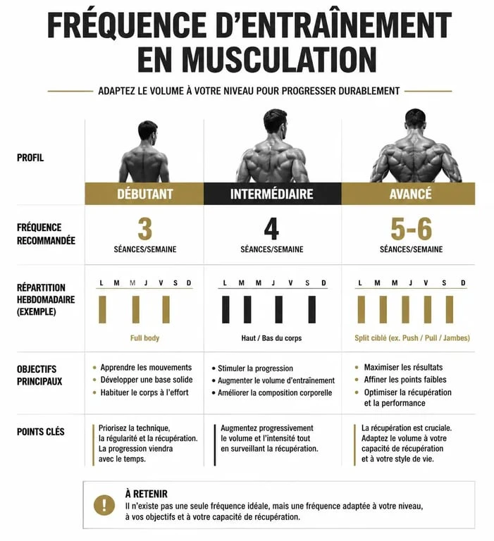 Infographie des fréquences d'entraînement en musculation selon le niveau pour optimiser la progression