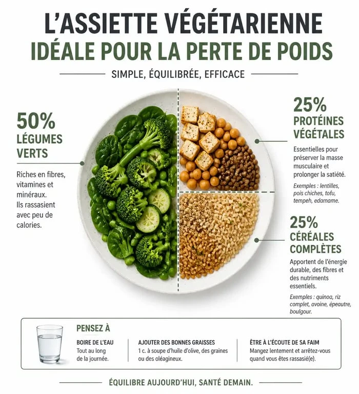Infographie de la composition d'une assiette végétarienne équilibrée pour perdre 10 kilos
