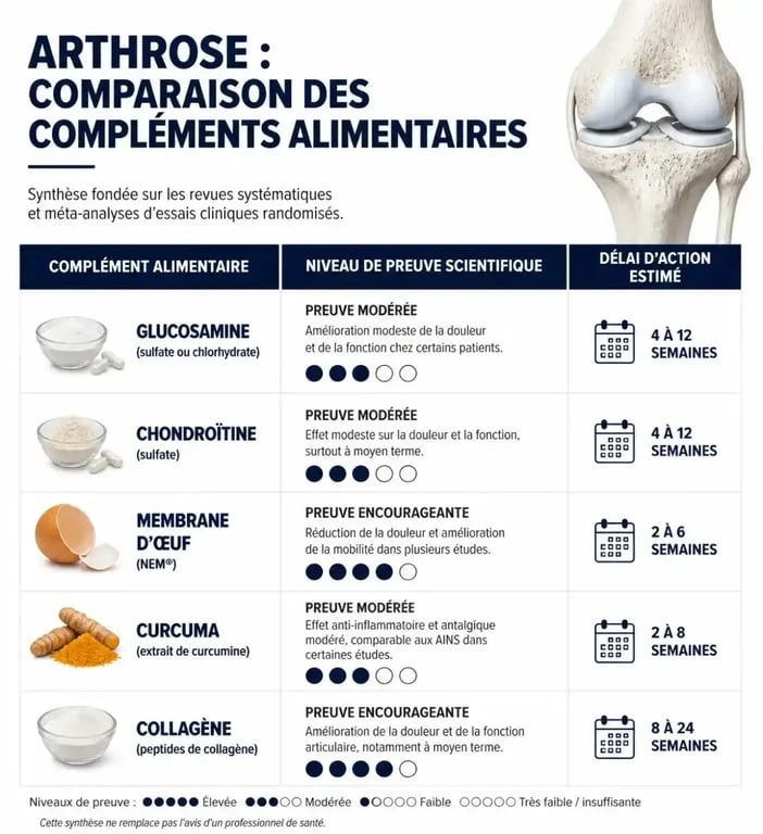 Infographie comparative des compléments alimentaires efficaces contre l'arthrose et leurs délais d'action