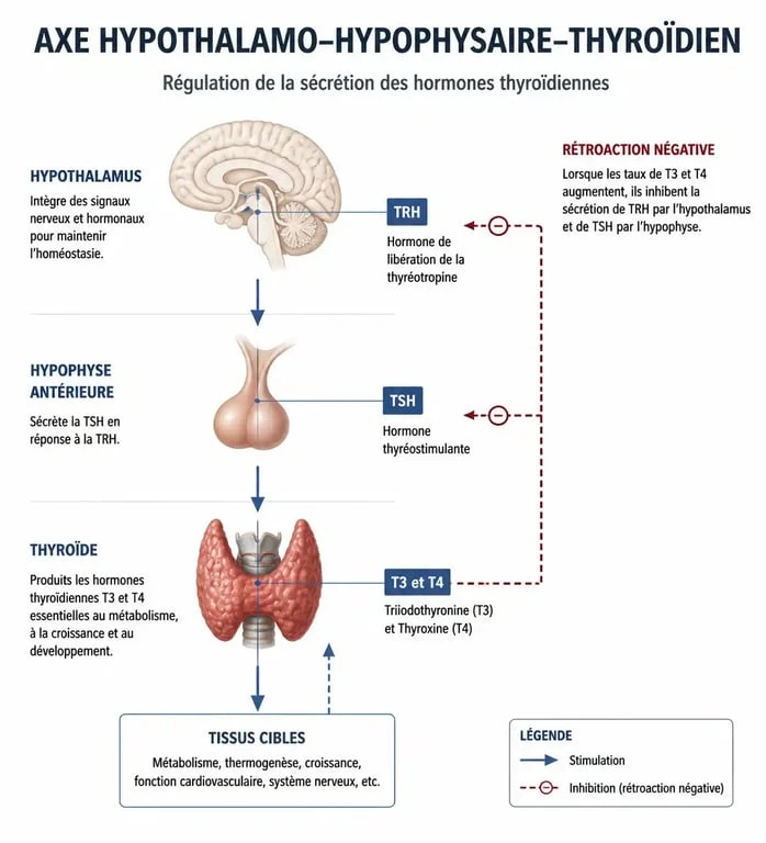 Schéma de l'axe hypothalamo-hypophysaire-thyroïdien pour comprendre le bilan thyroïdien T3 T4 TSH