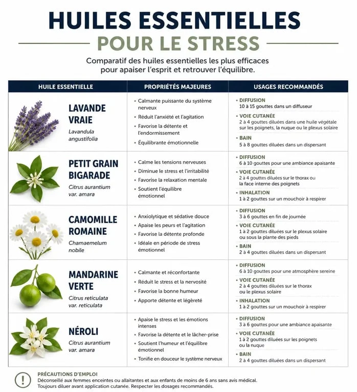 Infographie des huiles essentielles pour le stress et l'anxiété