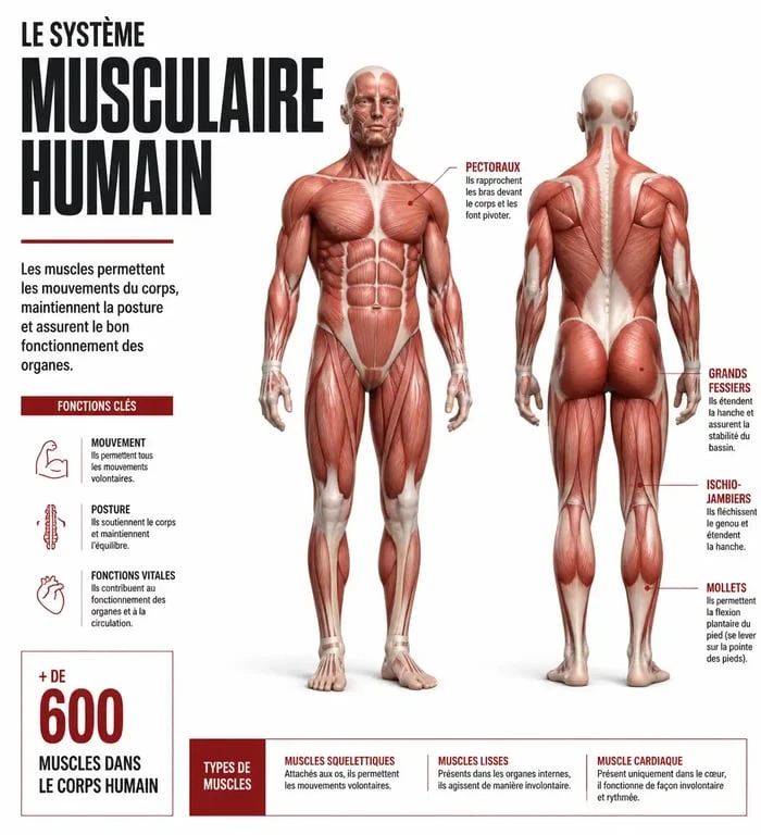 Schéma anatomique des principaux groupes musculaires du corps humain pour le sport