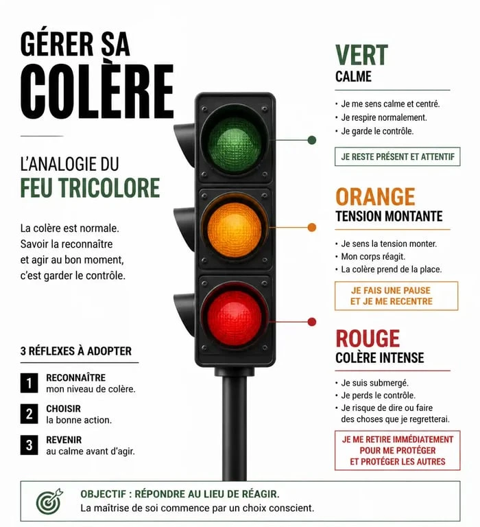 Infographie sur l'analogie du feu tricolore pour mieux gérer sa colère