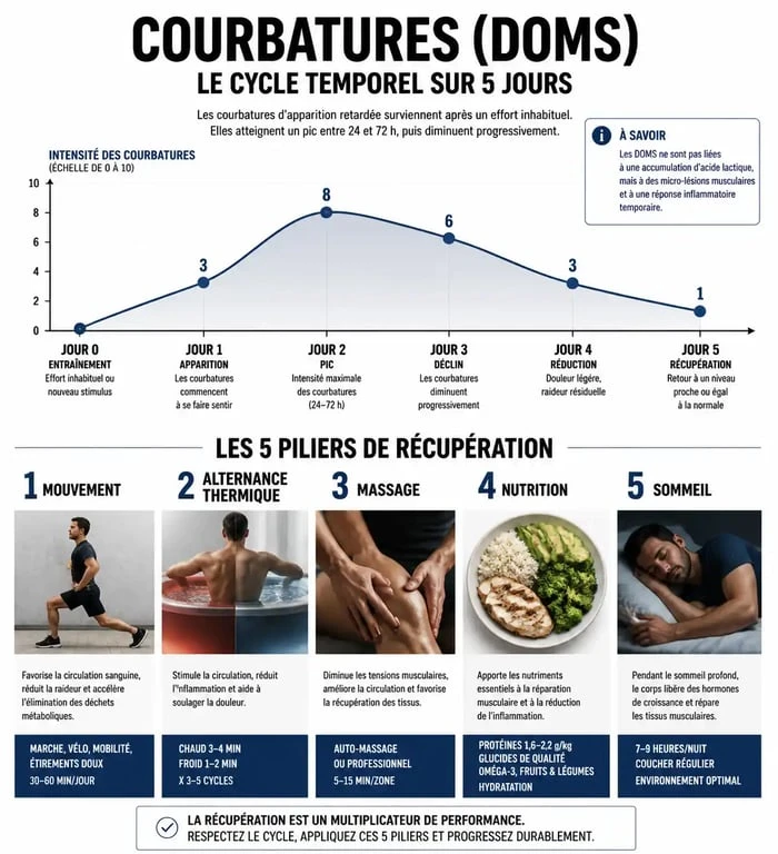 Infographie sur les méthodes pour soulager des courbatures aux cuisses après le sport