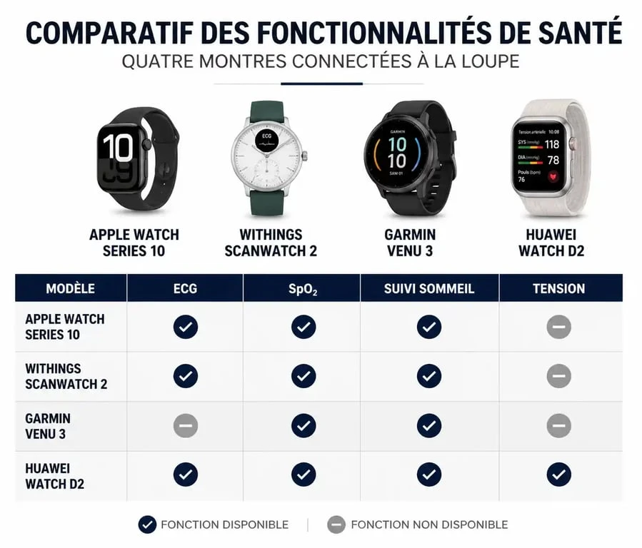 Comparatif des fonctionnalités santé des meilleures montres connectées : Apple Watch, Withings, Garmin et Huawei.