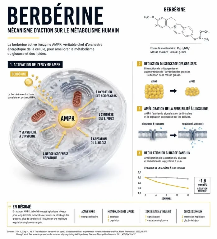 Schéma du mécanisme d'action de la berbérine pour la perte de poids et la régulation métabolique