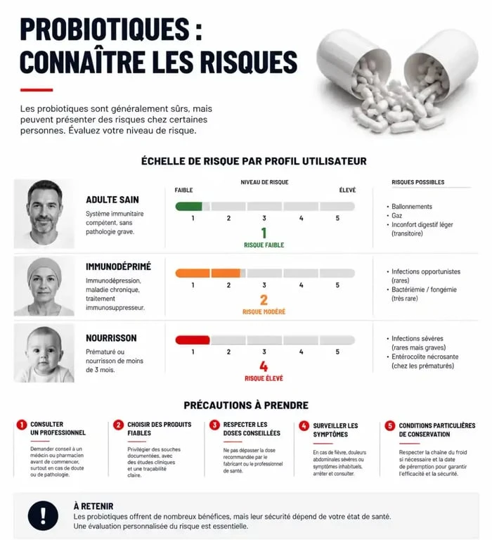 Infographie sur les risques et précautions liés à la prise de probiotiques pour la santé