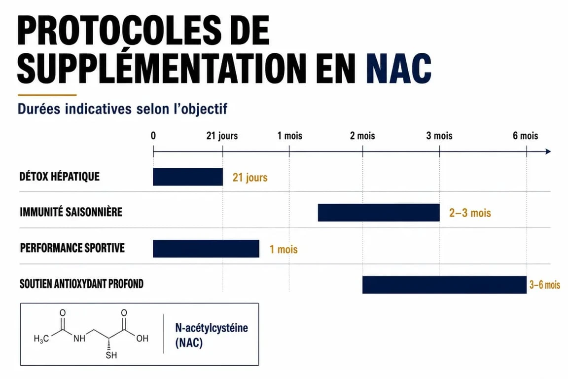 Infographie des durées de cure de NAC selon les objectifs de santé : détox, immunité, sport et antioxydant