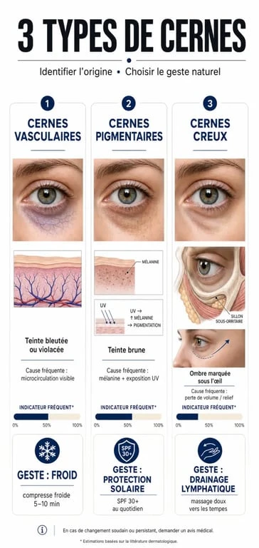 Infographie des solutions naturelles pour cacher ses cernes sans maquillage selon le type