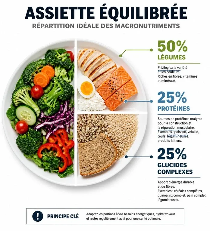 Infographie sur la répartition des macronutriments pour un plan alimentaire nutritionniste équilibré
