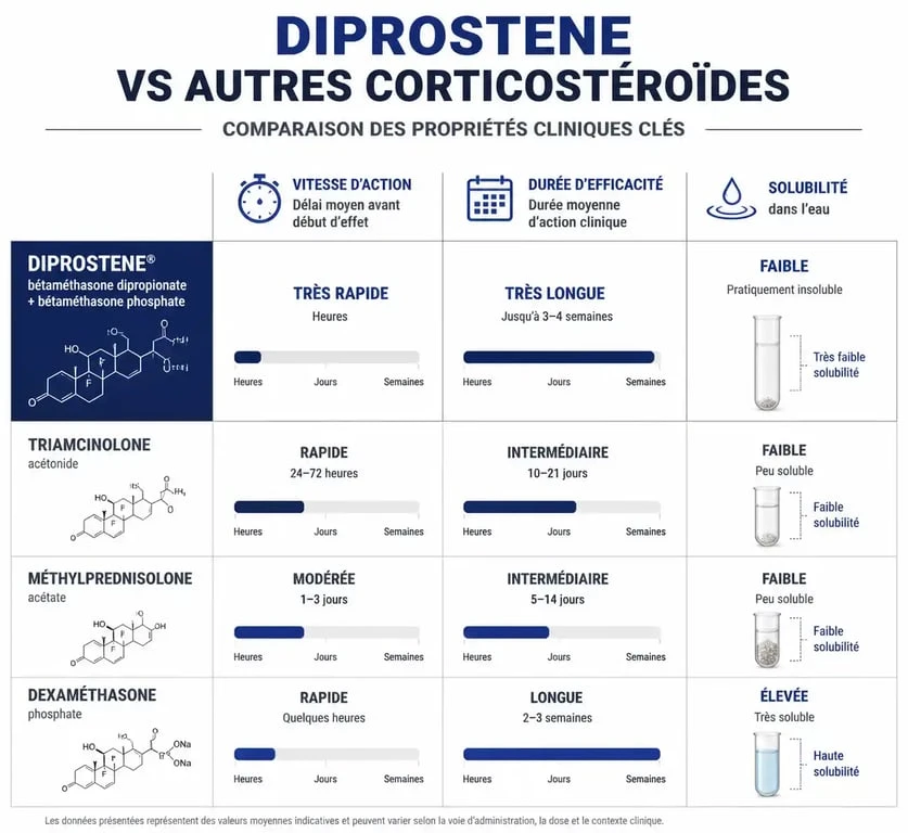 Comparatif des caractéristiques techniques entre l'injection de Diprostène et les autres corticoïdes