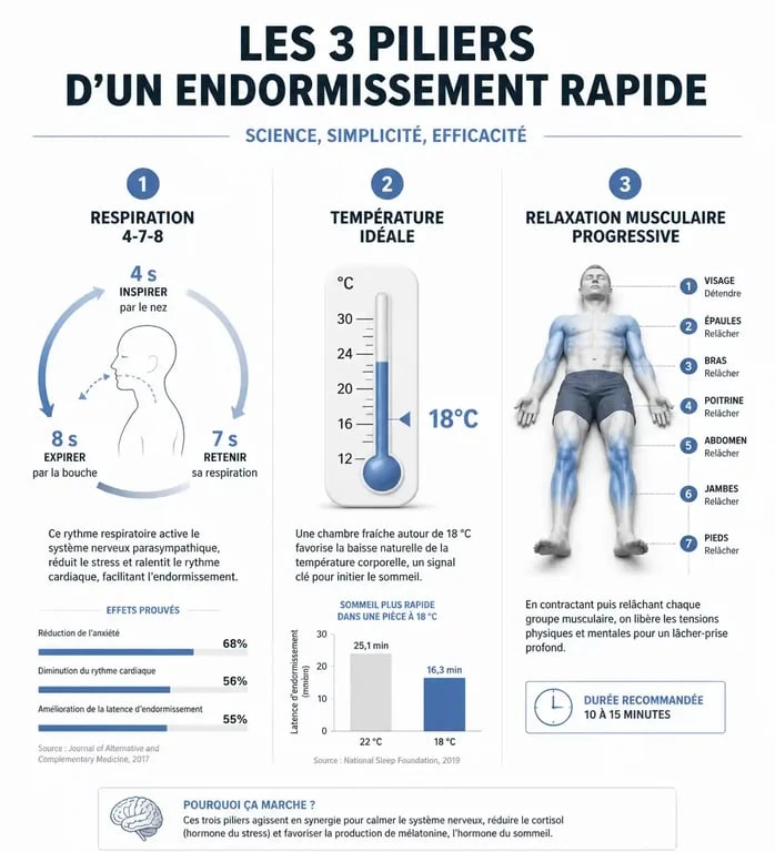 Infographie des techniques pour s'endormir rapidement : respiration 4-7-8, température idéale et relaxation musculaire