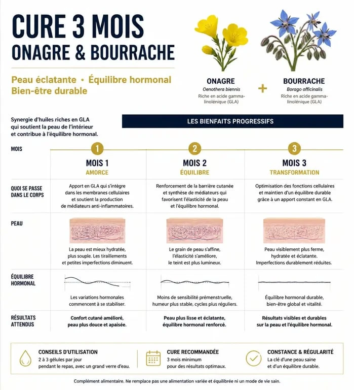 Infographie sur la durée et les bienfaits d'une cure d'onagre et bourrache pour la peau et le confort féminin