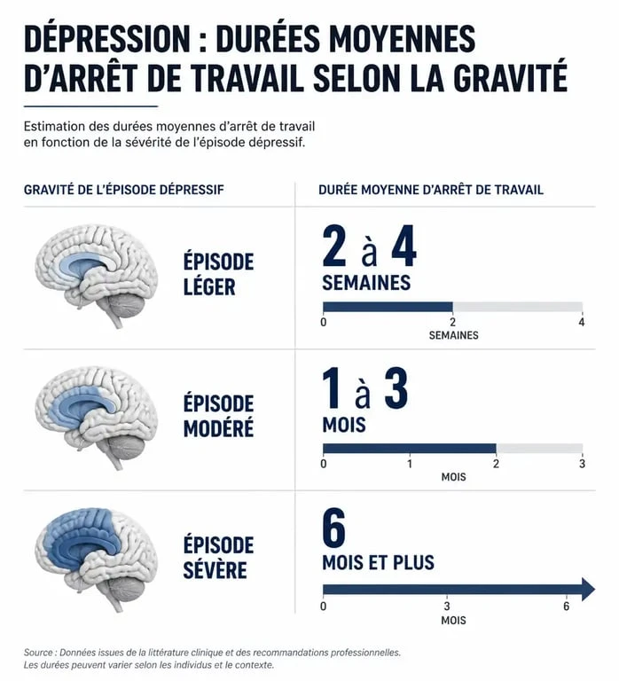 Infographie sur la durée moyenne d'un arrêt de travail pour dépression selon la gravité des symptômes