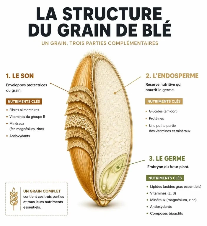 Infographie illustrant les bienfaits nutritionnels du pain complet et la structure du grain de blé