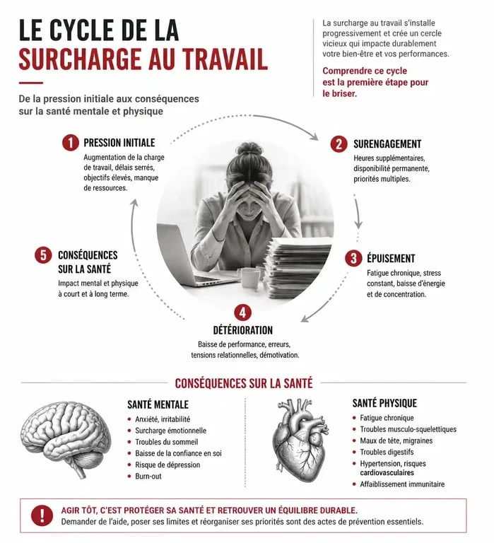 Infographie sur les risques et conséquences de la surcharge au travail sur la santé des salariés