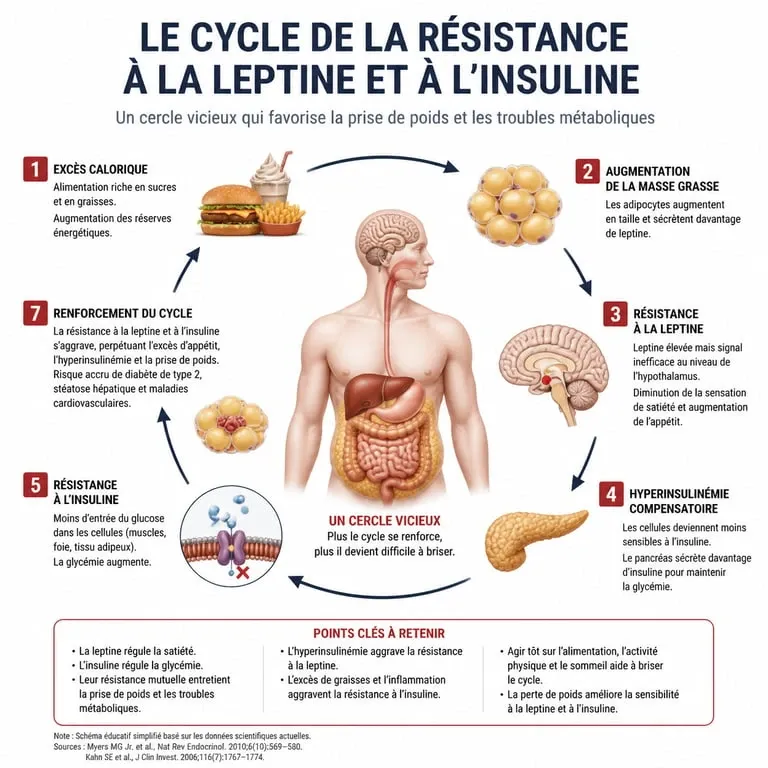 Schéma explicatif des mécanismes hormonaux de la leptine et de l'insuline dans la perte de poids et le manque de volonté