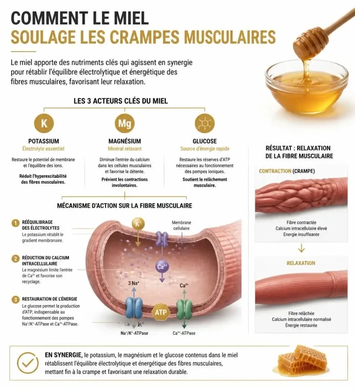 Infographie sur les bienfaits du miel contre les crampes musculaires et son action sur les fibres musculaires