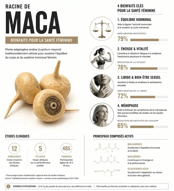 Infographie des bienfaits de la maca pour la femme : équilibre hormonal, énergie et libido.