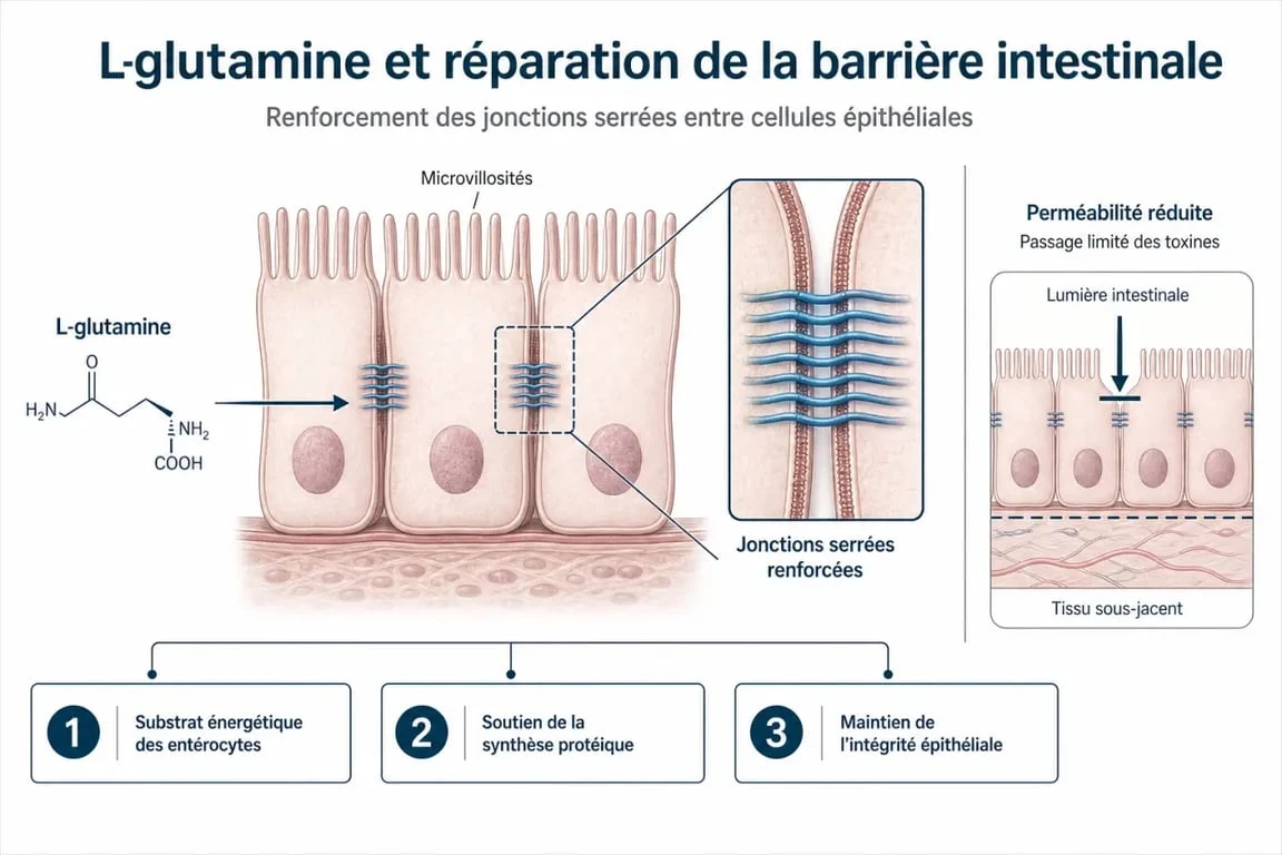 Schéma explicatif du mécanisme d'action de la L-glutamine sur la barrière intestinale et les effets secondaires potentiels
