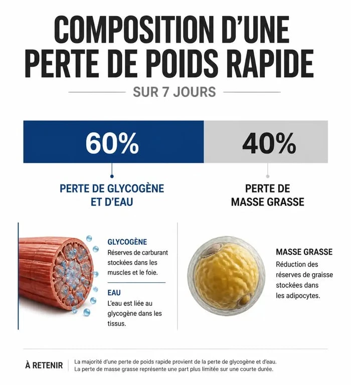 Infographie illustrant la perte de poids en 1 semaine : glycogène, eau et masse grasse