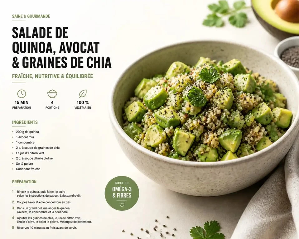 Salade de quinoa, avocat et graines de chia pour une recette saine pour maigrir le ventre