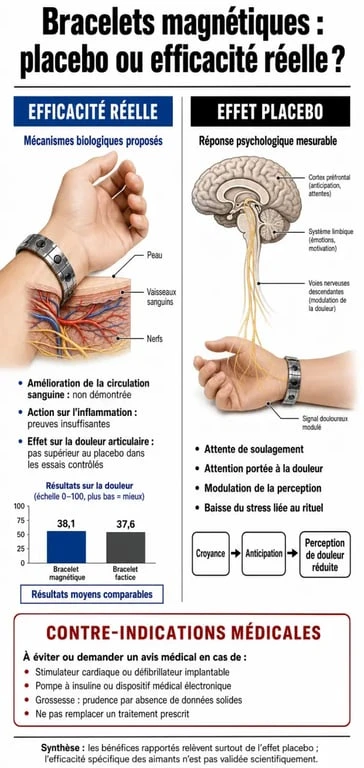 Infographie sur l'efficacité médicale et les avis sur le bracelet magnétique