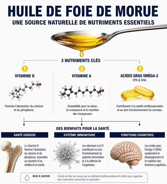 Infographie des bienfaits nutritionnels et santé de l'huile de foie de morue