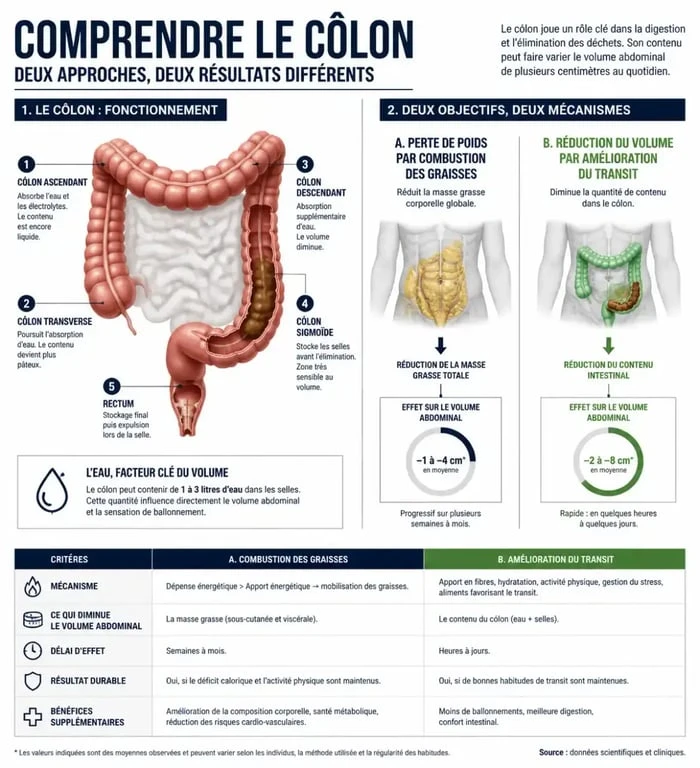 Infographie expliquant la différence entre nettoyage du côlon et perte de poids réelle
