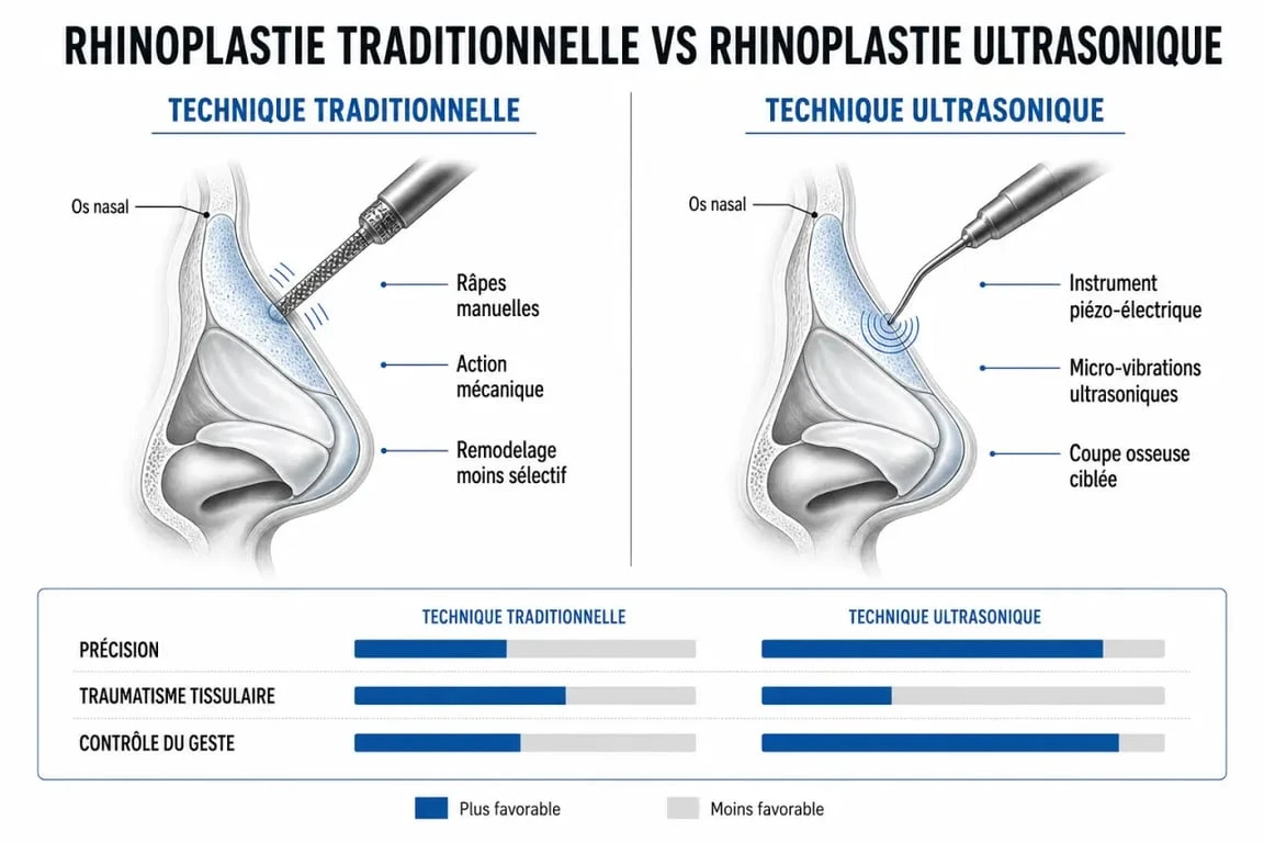 Schéma comparatif des techniques de chirurgie du nez : rhinoplastie traditionnelle vs ultrasonique