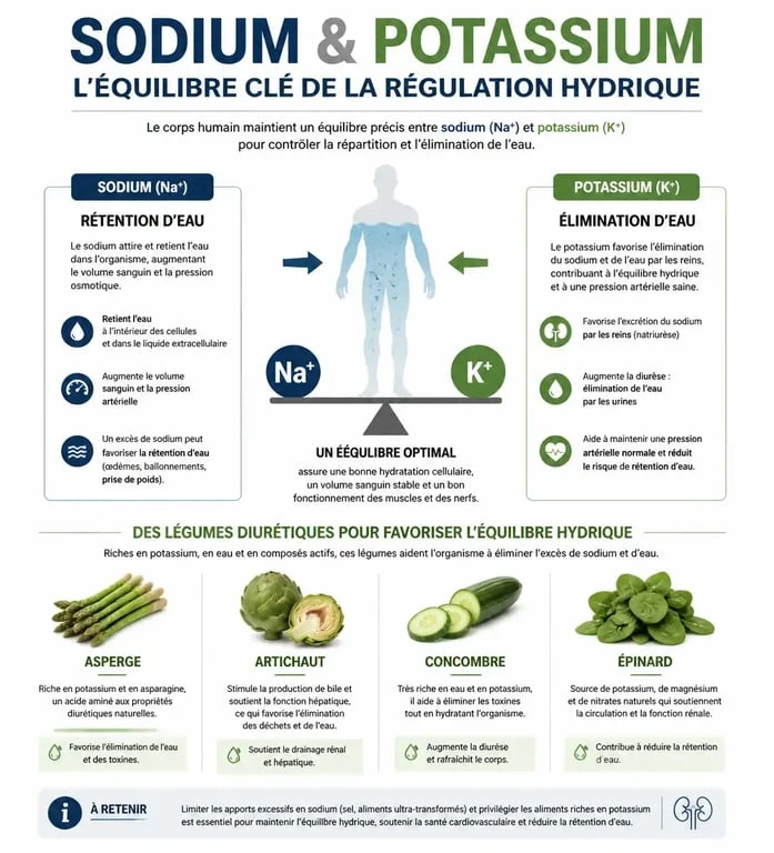 Infographie sur les bienfaits des aliments diurétiques et l'équilibre sodium-potassium pour la santé