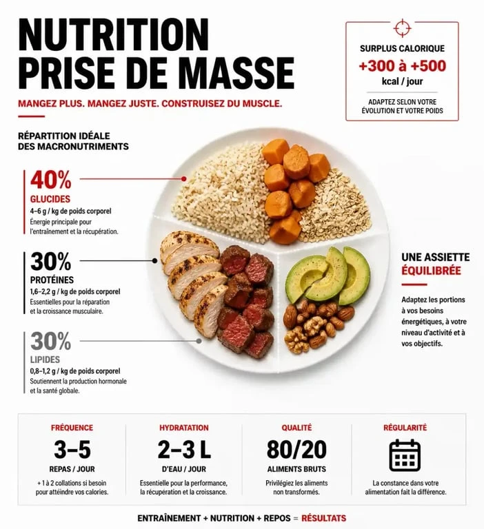 Infographie sur les aliments pour la prise de masse musculaire et la répartition des macronutriments