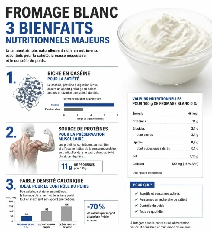 Infographie des bienfaits nutritionnels du fromage blanc dans le cadre d'un régime au fromage blanc