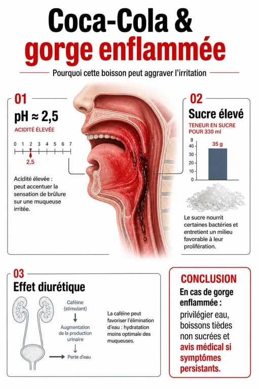 Infographie sur les effets du Coca-Cola en cas d'angine et pourquoi il faut éviter cette boisson pour le mal de gorge