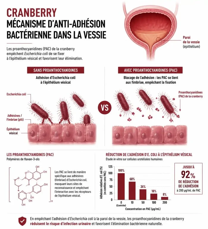 Mécanisme d'action de la cranberry contre les infections urinaires et les bactéries E. coli