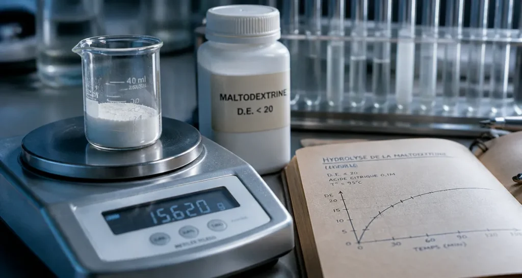 Maltodextrine : poudre blanche, balance de laboratoire, usages sportifs