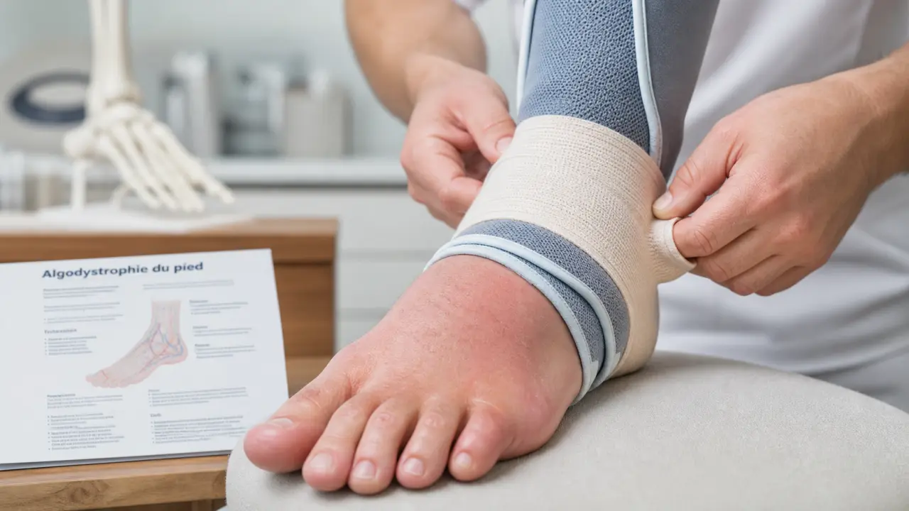 Algodystrophie du pied traitement : rééducation, attelle et compression pour phase chaude et froide